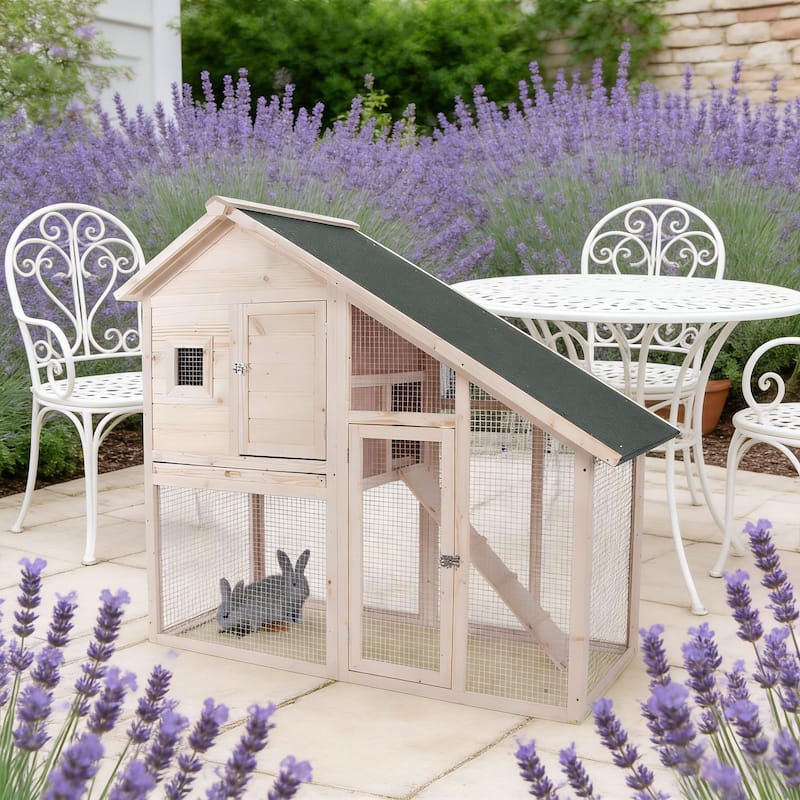 Bunny Cage,Weatherproof Rabbit Hutch,Spacious Pet House is designed for convenient cleaning - Natural Wood