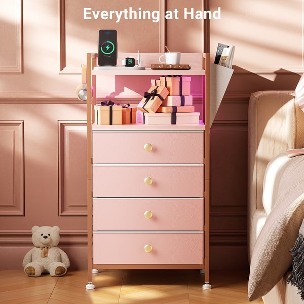 pink dresser and nightstand Pink Nightstand with Charging Station LED Nightstand with 4 Fabric Storage  Drawers Small Dresser for Bedroom - Bed Bath & Beyond