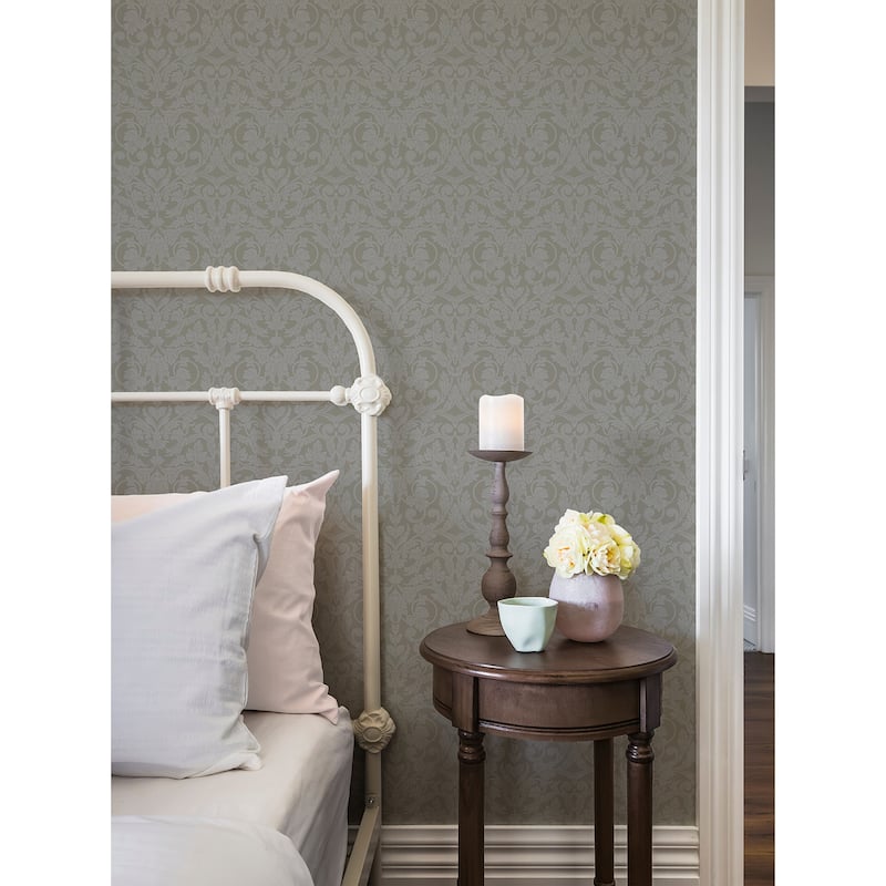 A-Street Prints Rosali Grey Scroll Damask Wallpaper