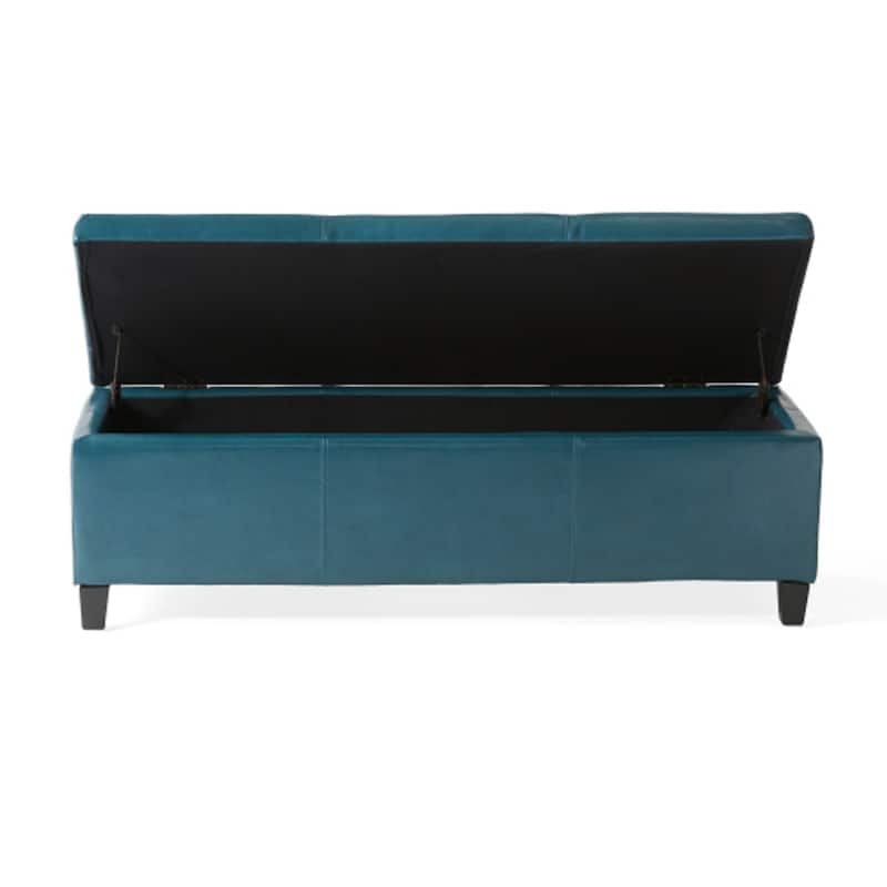 Elias Storage Ottoman, 51 Inch Rectangular, Teal Faux Leather Tufted