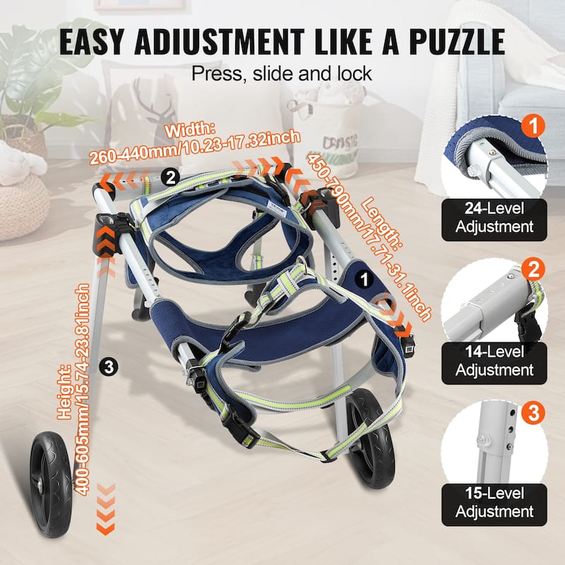 VEVOR 2 Wheels Dog Wheelchair for Back Legs, Dog Cart/Wheelchair for Injured, Disabled, Paralysis, Hind Limb Weak Pet