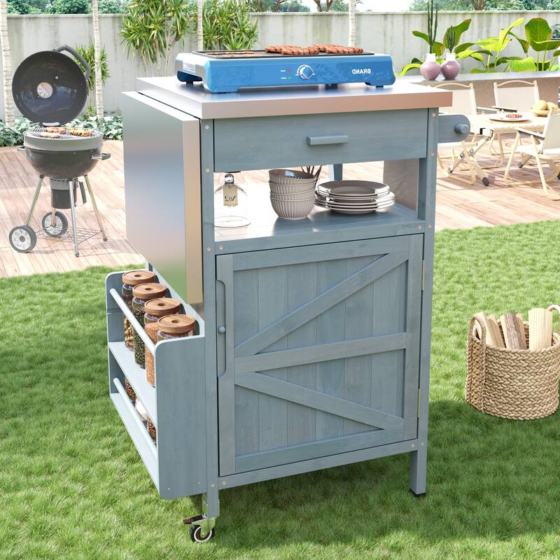 40.5" Outdoor Grill Cart with Top, Storage Cabinet with Drop Leaf, One Drawer, Towel Rack, Kitchen Cart with Lockable Wheels