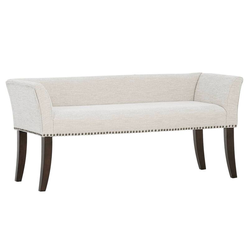 Roomfitters 49.5" Upholstered Accent Bench, Flared Arms and Morocco Wood Legs with Nailhead Trim, Cream