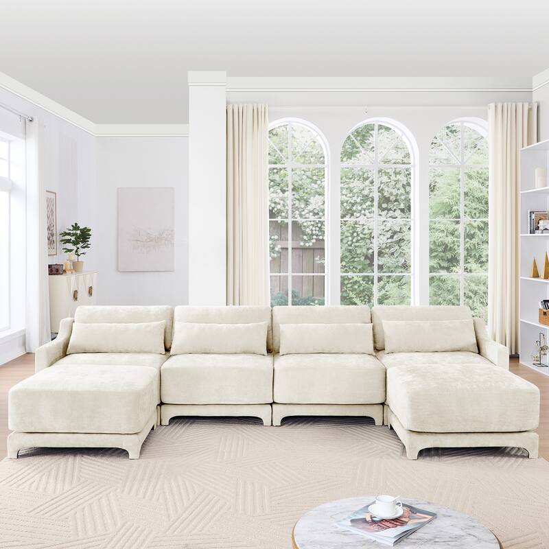 141.7" Chenille 4-Seater Sofa with Movable Ottoman & Solid Wood Frame