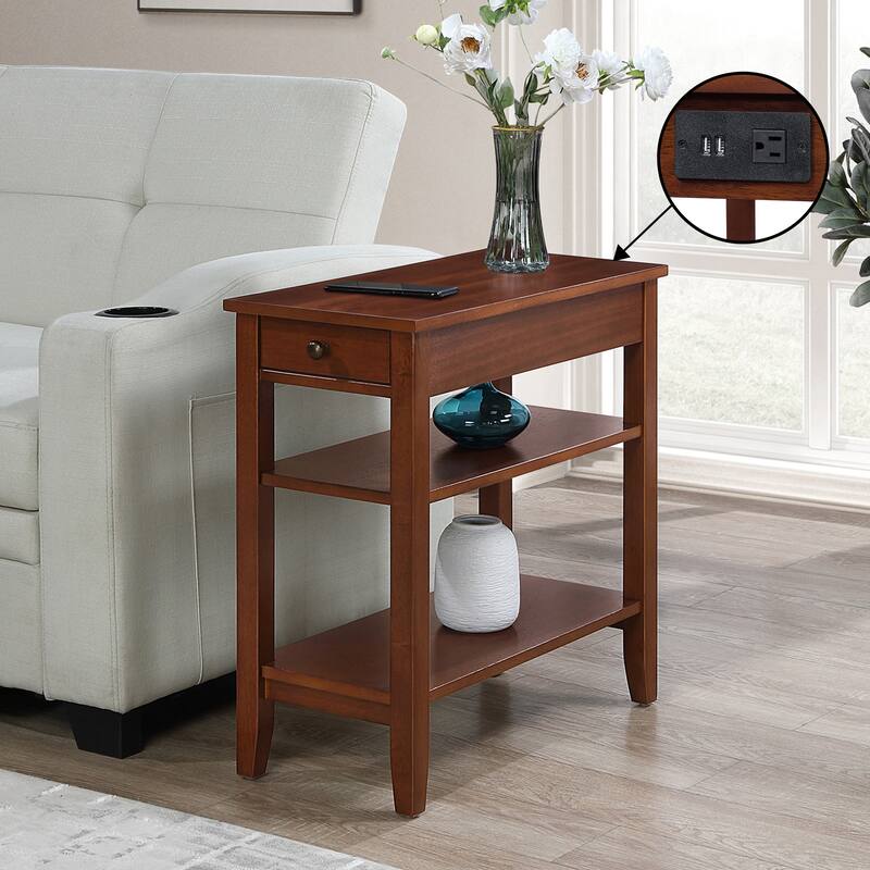Convenience Concepts American Heritage 1 Drawer Chairside End Table with Charging Station and Shelves