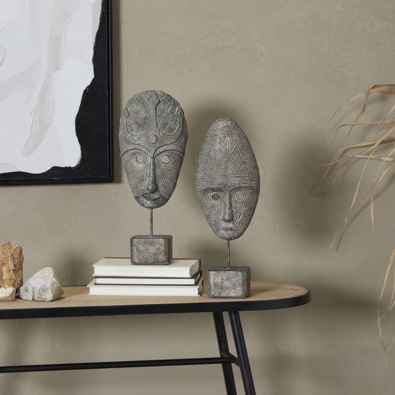 Polystone Mask Handmade Carved Decorative Sculpture - Set of 2 Gray - Roche River Decor