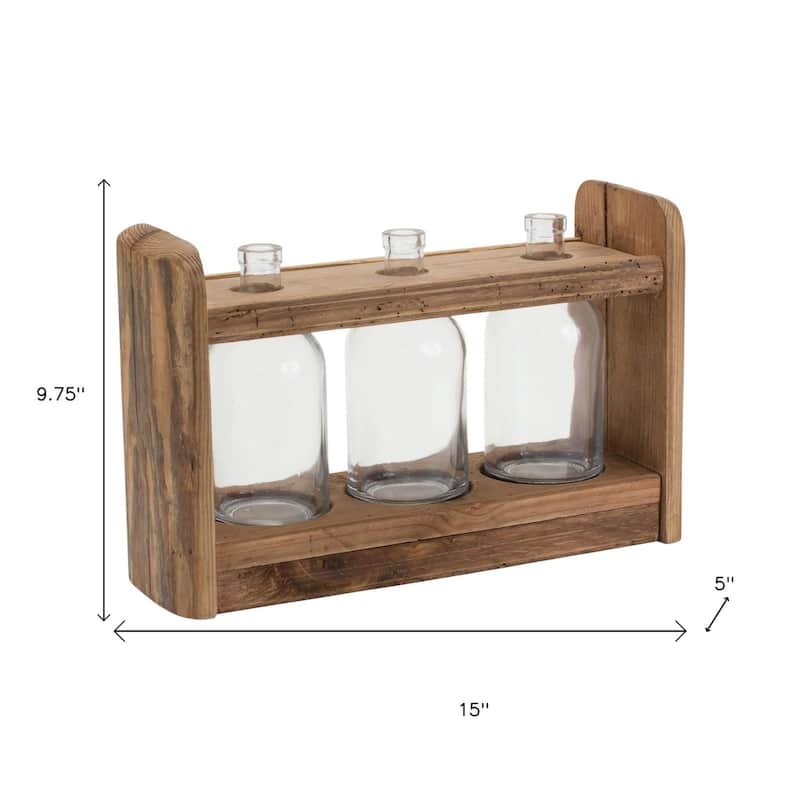 10" Clear And Brown Glass And Wood Three Bottle Table Vase - 15.00