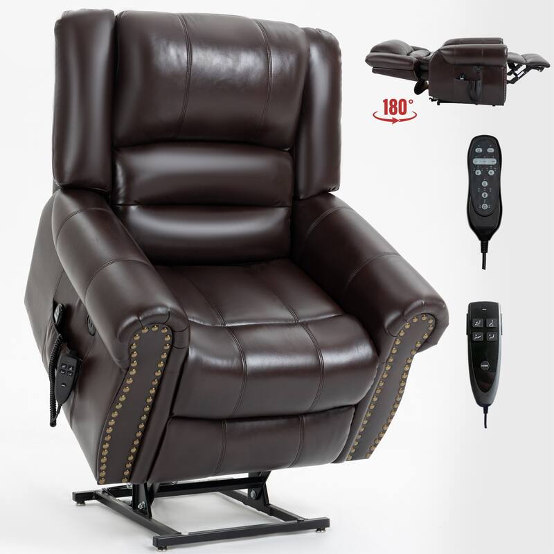 Brown Faux Leather Dual Motor Power Lift Recliner with Heat Massage, USB Ports, and Adjustable Recline for Seniors