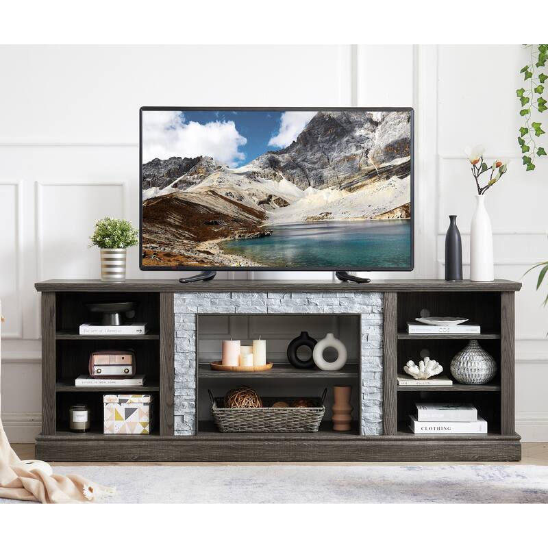 Large TV Desk Storage Rack with Faux Stacked Stone Surround