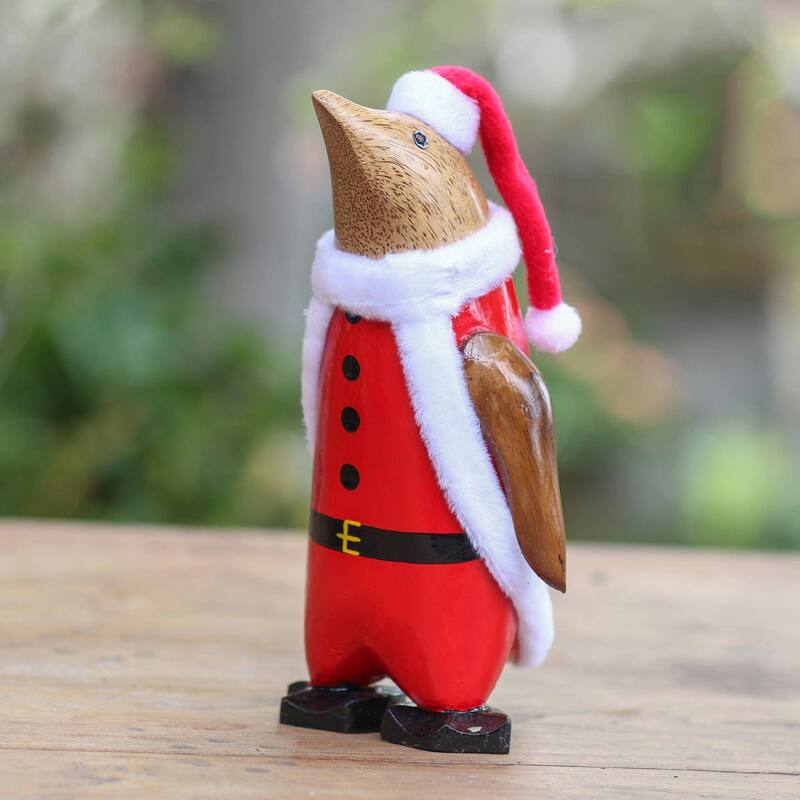Wood statuette, 'Penguin Santa'