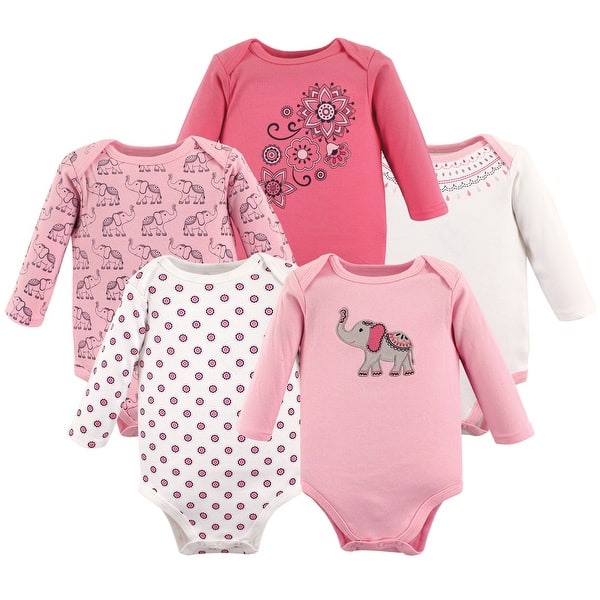 slide 1 of 1, Hudson Baby Infant Girl Cotton Long-Sleeve Bodysuits 5pk, Boho Elephant 0-3 Months - Boho Elephant