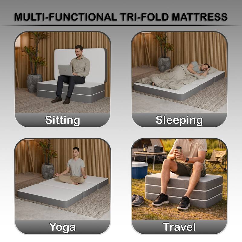 Folding Mattress, 3", 4" & 5" Gel Memory Foam Portable Tri-fold Mattress.