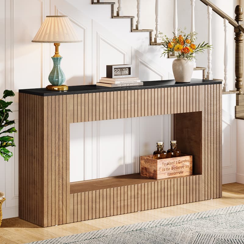 Modern Console Table, 55'' Wood Entryway Table with Storage, Fluted Base - Light Brown/Black
