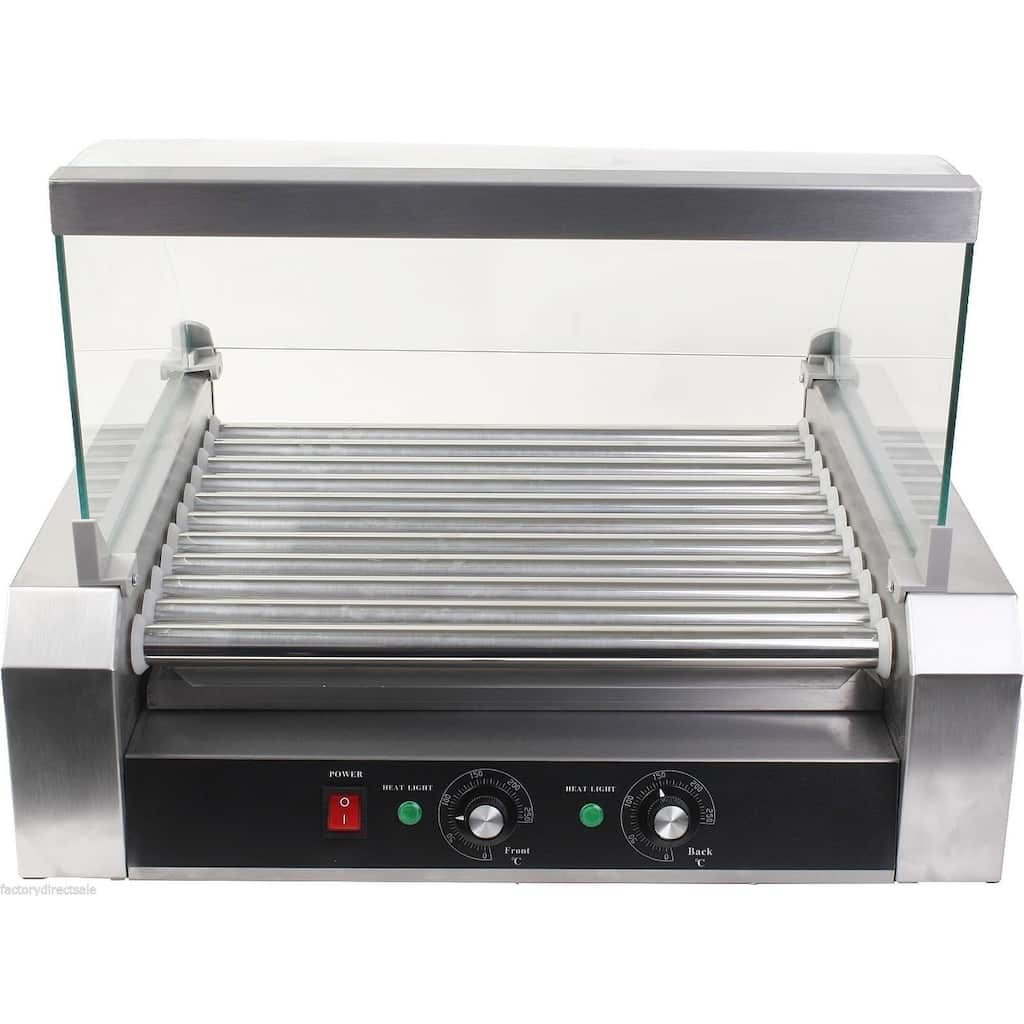 Commercial 11-Roller Hot Dog Machine Stainless Steel Grill with Glass Hood 30 Hot Dogs - 23" x 20" x 16.5" (L x W x H)