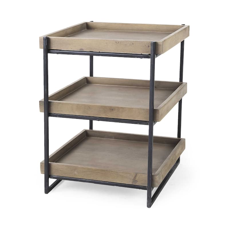 Brown Solid Wood Square End Table with Abstract Metal Base and 2 Shelves - 20” x 20” x 26” (D x W x H)