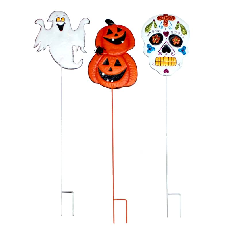 34.5" Ghost, Pumpkin & Skull Metal Yard Stake, Set of 3