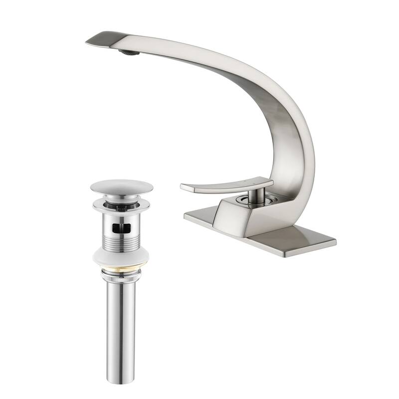 Modland C-Shaped Single Hole Bathroom Faucet, 500K Cycle CUPC Certified, 6-Inch Cover Plate, Black / Gold / Nickel / Chrome - with Drain - Brushed Nickel