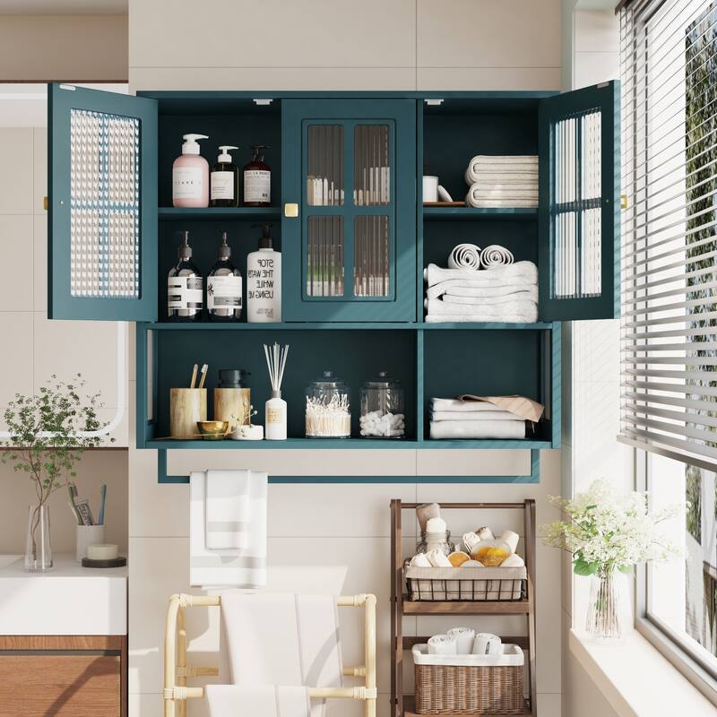 Modern 2 Door/3 Doors Wall Cabinet with 2-tier Enclosed Storage, 1 Open Shelf, and Towel Rack