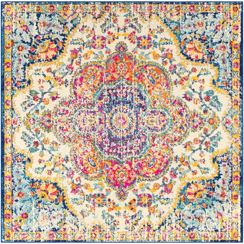 Livabliss Hal Vintage Boho Traditional Pink Medallion Area Rug - Pink/Blue - 6'7" Square