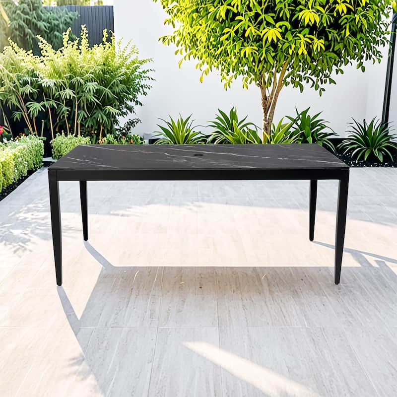 35.5" x 71" Outdoor Aluminum Dining Table with Sintered Stone Top, Tapered Legs – Weatherproof, Seats Six - Ember Black