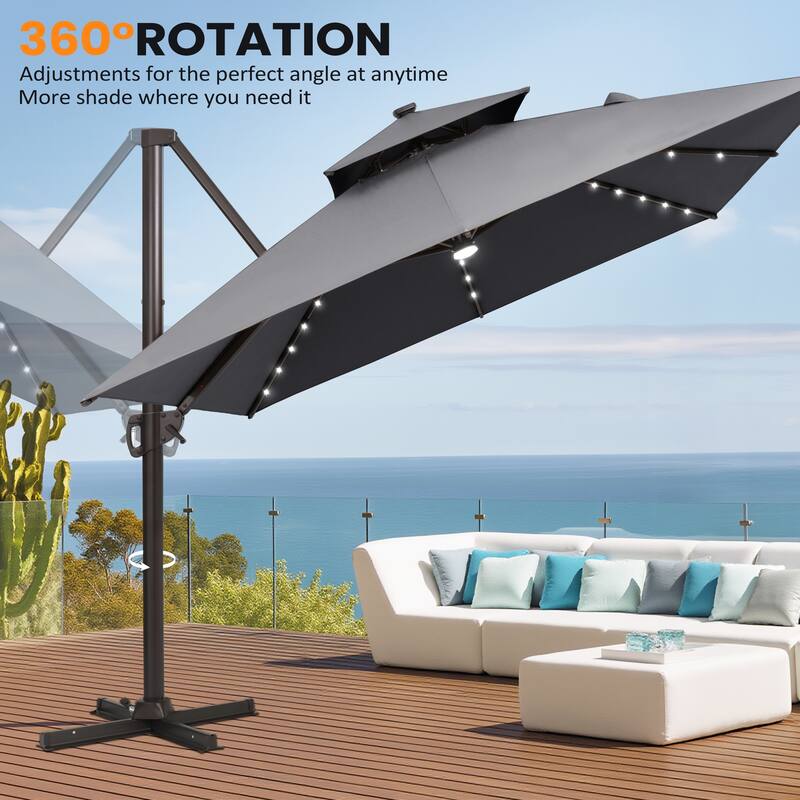 VredHom 9x11 FT Daul Top Rectangular Outdoor Patio Cantilever Umbrella Solar LED Lighted with Rod Base