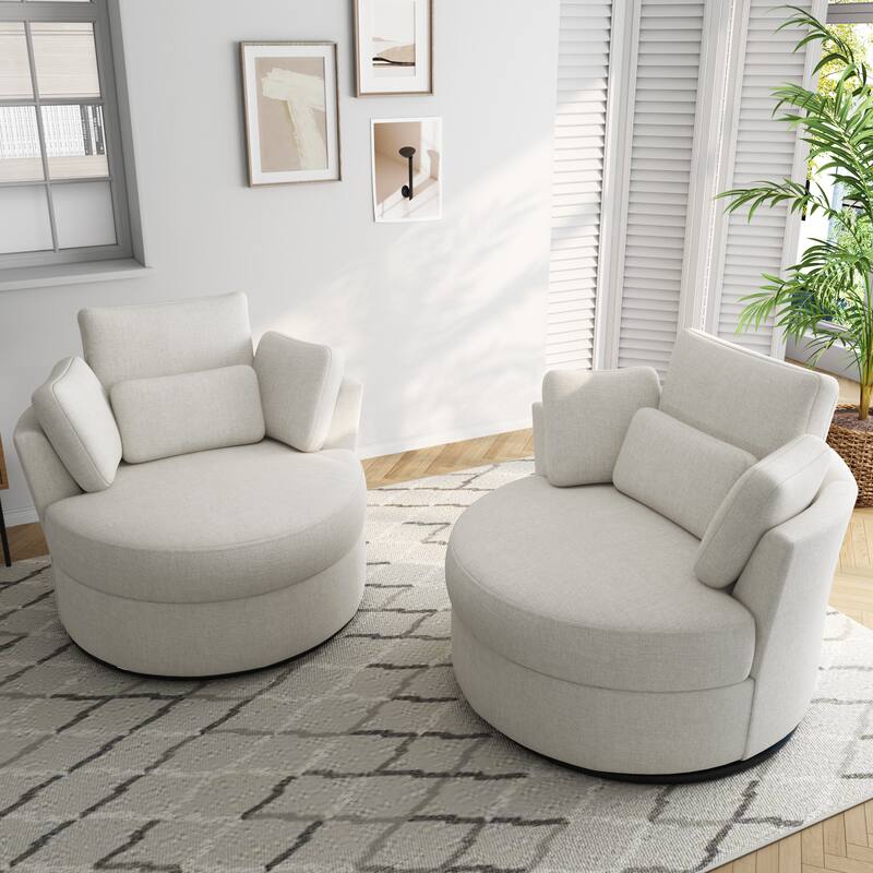 Set of 2 Upholstered Swivel Accent Barrel Chairs with Toss Pillows