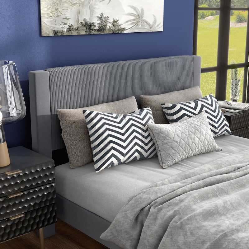 Furniture of America Alyssa Modern Velvet Upholstered Platform Bed with Channel Headboard and Wooden Slats