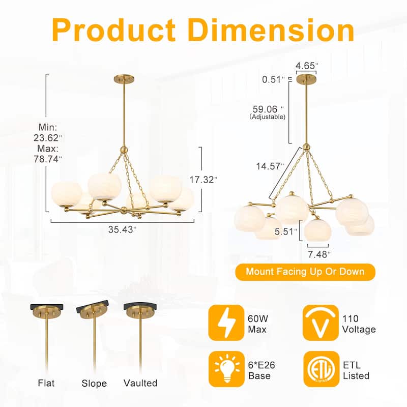 6-Light Brushed Gold Branch Chandelier with Cloud-Pattern Glass Shades - Dia.35.43-in
