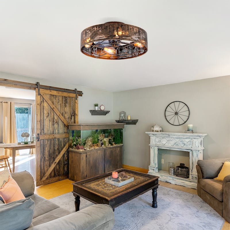 20" Iron Art Ceiling Fans with Remote, Farmhouse Flush Mount Ceiling Fan with 6 Speeds Reversible Motor - Blush+Gold,Bronze