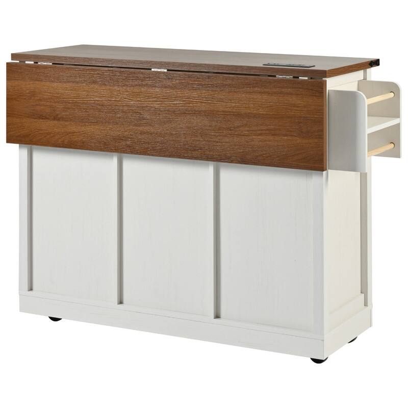 Farmhouse Kitchen Island with Power Outlet, Kitchen Storage Island with Drop Leaf, Spice Rack and Drawer, Wheels