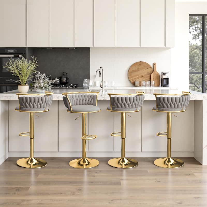 Velvet Upholstered Adjustable Bar Stool Swivel Counter Chair Set of 2
