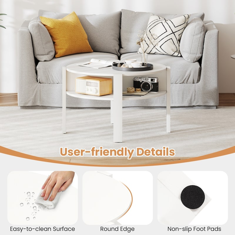 29.5 Inch Compact Round Coffee Table with Side Shelves and Wood Frame Perfect for Living Room Decor - 29.5" x 29.5" x 18"