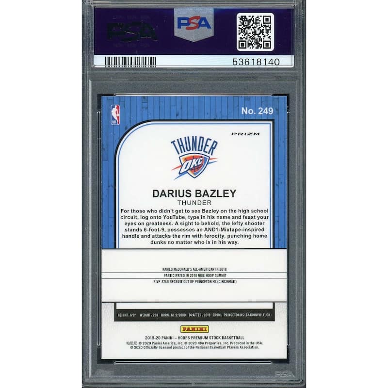 Darius Bazley 2019 Panini Hoops Premium Stock Pulsar Rookie Card #249 PSA 10 - 8'6" x 11'6"