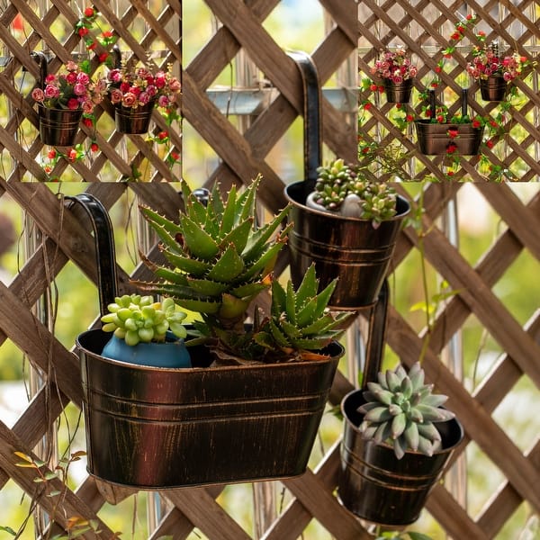 Gardenised (Set of 3) Metal Hanging Railing Planters with Detachable Hooks Decorative Outdoor Set for Balcony Patio Deck or Fence