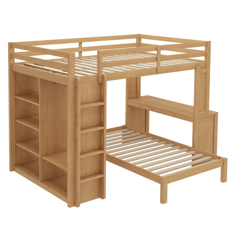 Convertible Queen Loft Bed with Desk, Wardrobe, and Shelves, Solid Wood Frame, Natural Finish