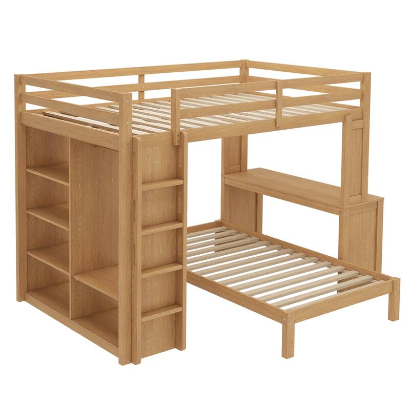 Queen Size Loft Bed & Twin Size Platform Bed Set, Wood Bunk Bed with Built-in Desk, Open Shelves and Wardrobe, Queen Over Twin
