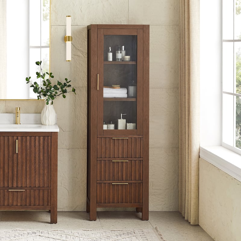 Shenzhen Solid Wood Bathroom Storage Cabinet - 21.7"W x 72"H - Aged Dark Brown Oak