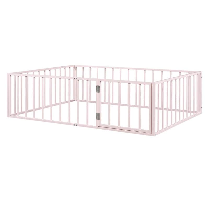 Twin/Full/Queen Size Floor Bed for Kids, Montessori Beds with Rails and Door, Metal Playhouse Bed Frame w/ Fence for Boys Girls