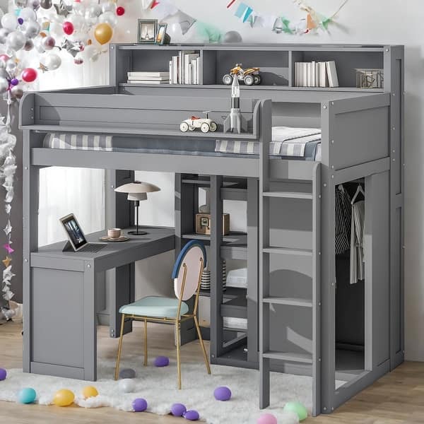 slide 2 of 28, Wood Twin Size Loft bed with Multiple Storage Shelves and Wardrobe, Gray Grey