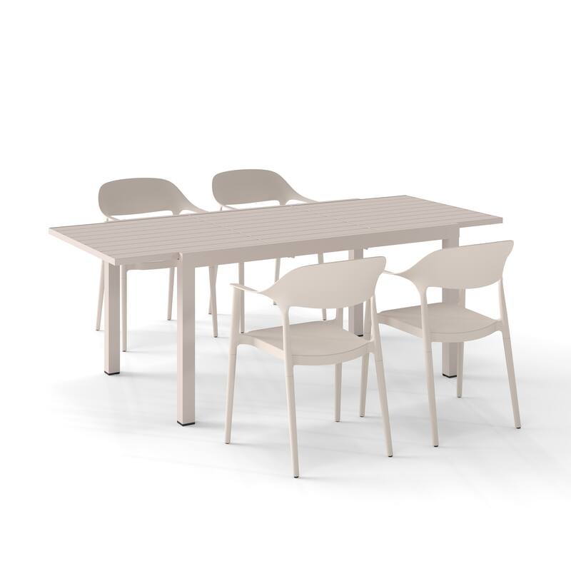 Outdoor Dining Set 5-Piece Stackable Plastic Lightweight Curved Backrest Armchair and Extendable Dining Table