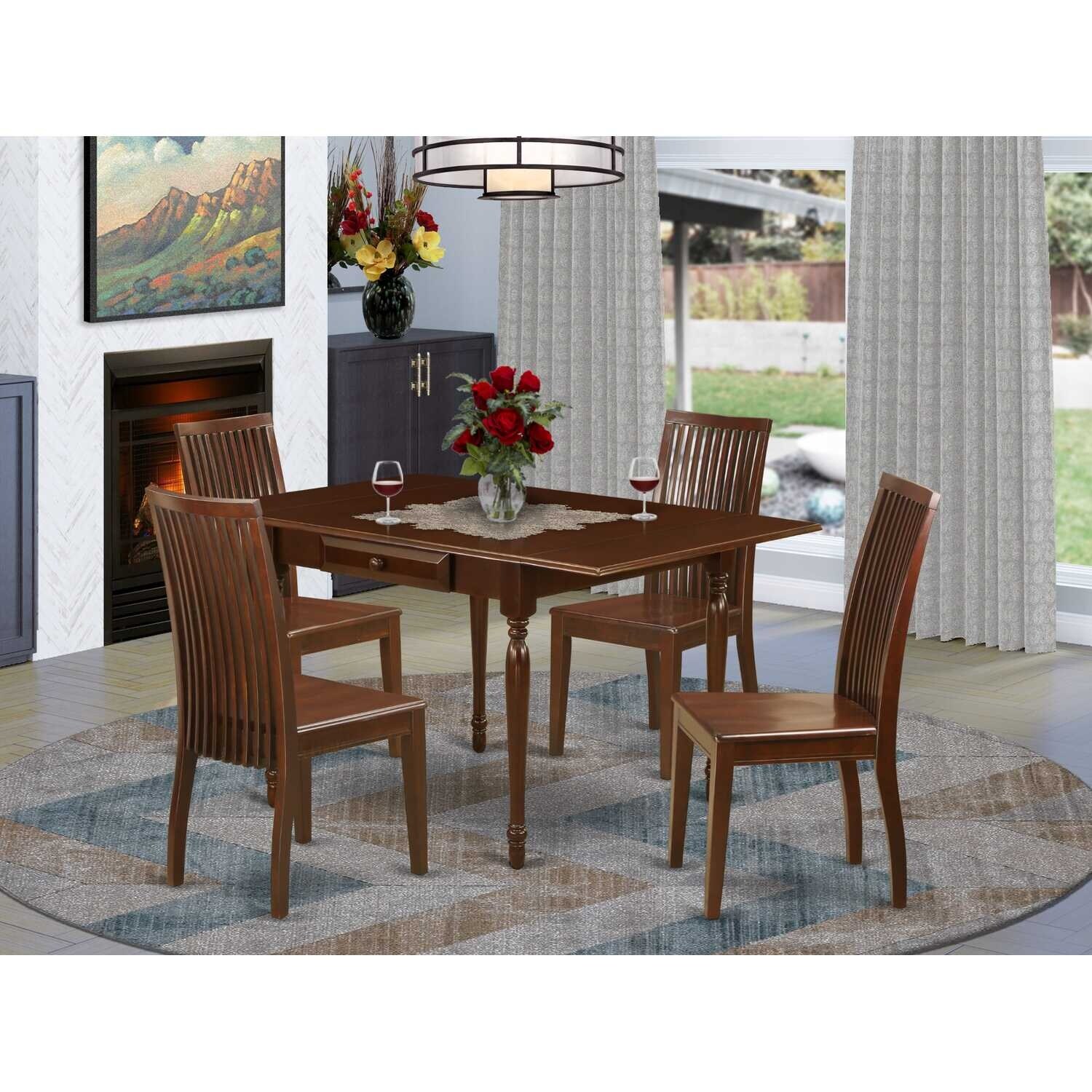 5-Piece Mahogany Finish Solid Wood Top - Rectangular Dining Room Set - Seats 4