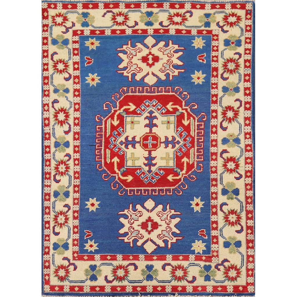 Blue Kazak Oriental Foyer Rug Hand-Knotted Wool Carpet - 2'8" x 4'0"
