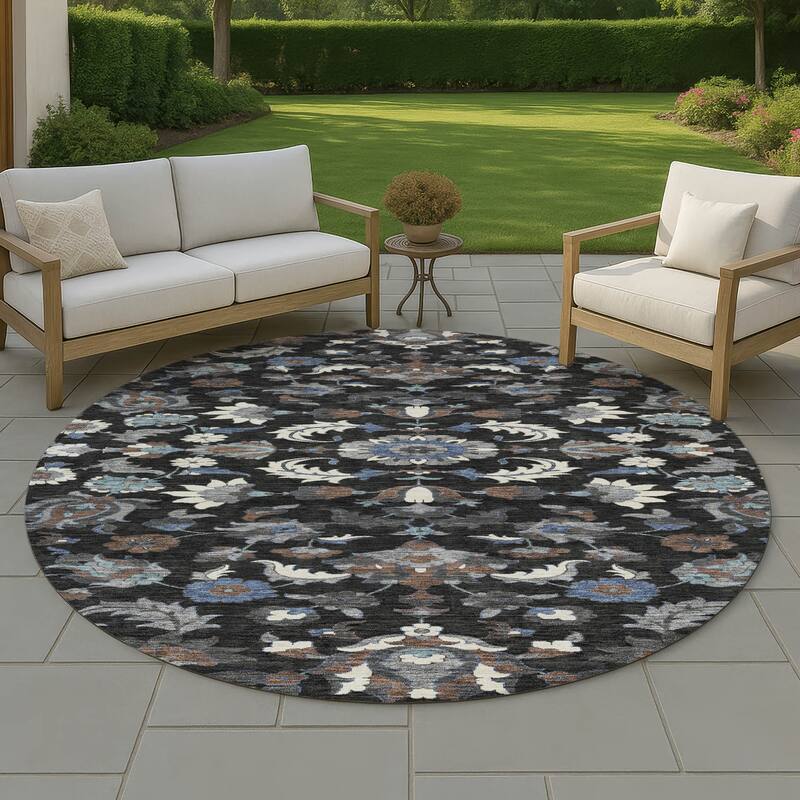 Machine Washable Indoor/ Outdoor Traditional Lanelle Chantille Rug - Black - 8' x 8'