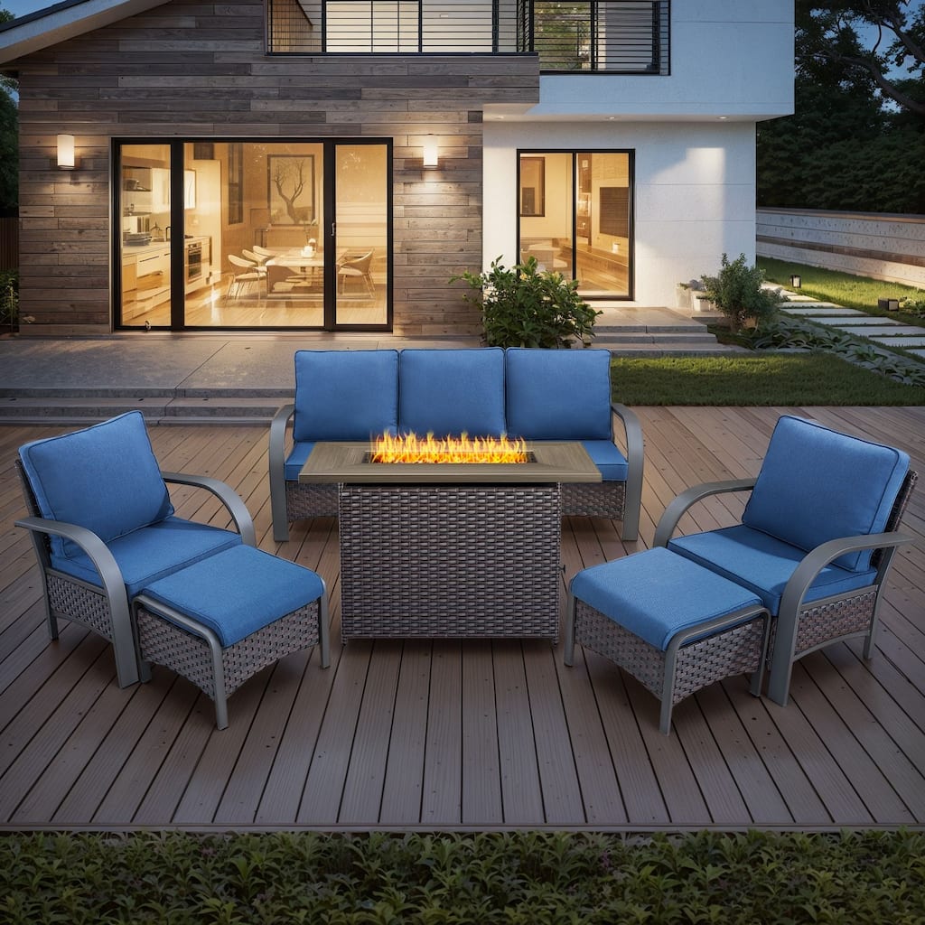 6 Pieces Fire Pit Table with Sofa Chair Ottoman Set - Blue cushion - Brown