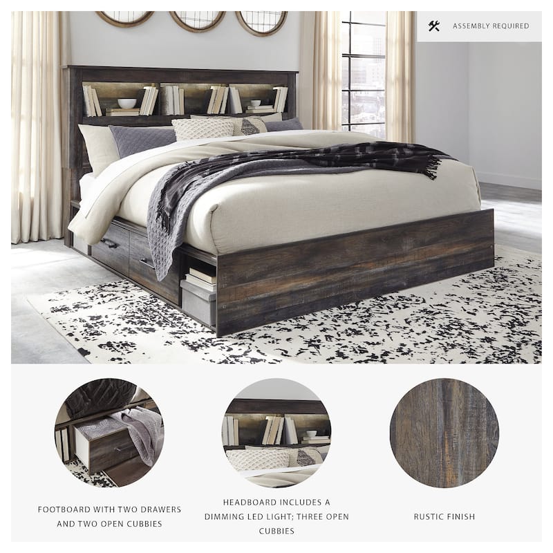 Drystan Rustic Brown Bookcase Bed with 2 Under Bed Storage Drawers