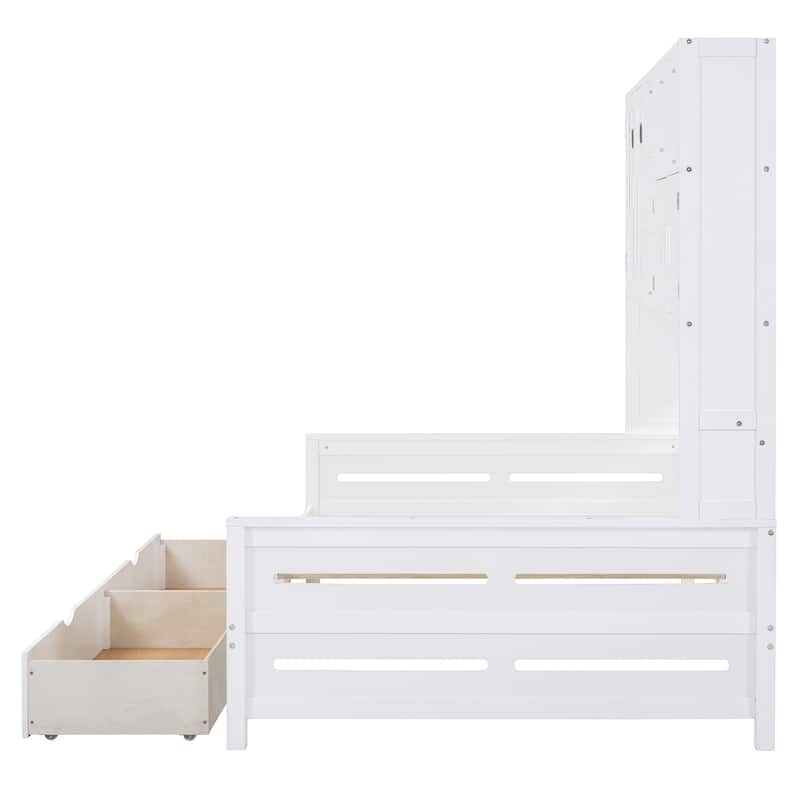 Full Size Wooden Daybed with 2 Drawers, All-in-One Cabinet and Shelf for Bedroom