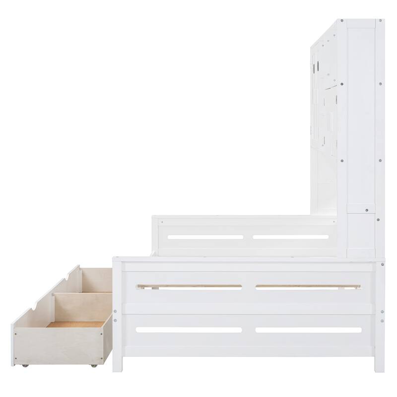 White Full Size Wooden Daybed with Storage Drawers and Built-in Cabinet & Shelf