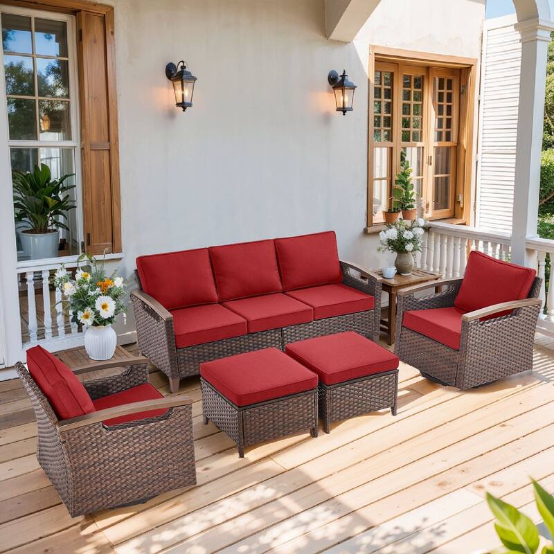 Pocassy Outdoor Brown Wicker Funitre with Cushion Set - Red Cushion - 3-Seat Sofa with Swivel Chair Ottoman Set