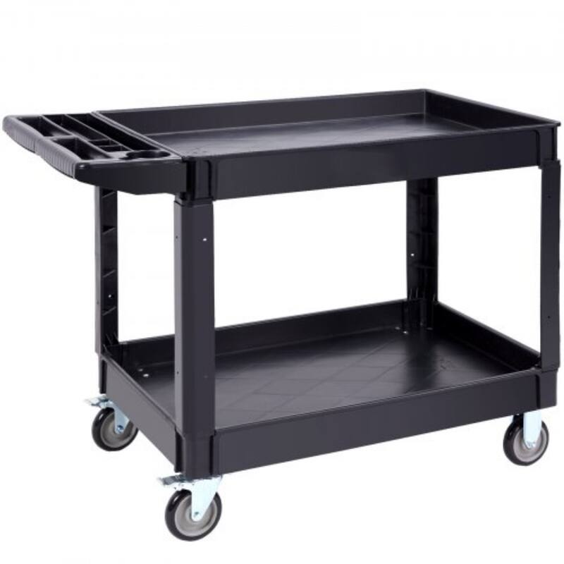 Black Heavy-Duty Plastic Utility Service Cart with 2 Storage Shelf and Lockable Swivel Wheels - 45.67 x 25.59 x33.46 in
