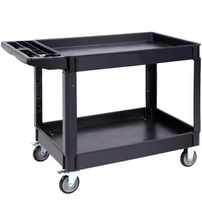 Black Heavy-Duty Plastic Utility Service Cart with 2 Storage Shelf and Lockable Swivel Wheels - 45.67 x 25.59 x33.46 in